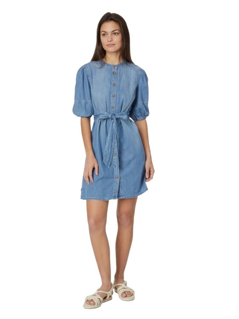 Sanctuary Light Blue Denim Button-Front Tie-Waist Mini Dress
